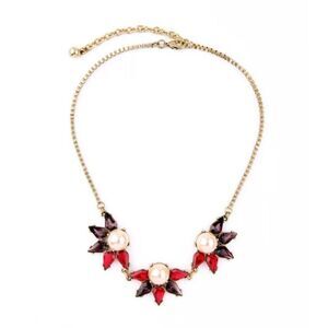 Red Crystal Pearl Gold Statement Pendant Necklace